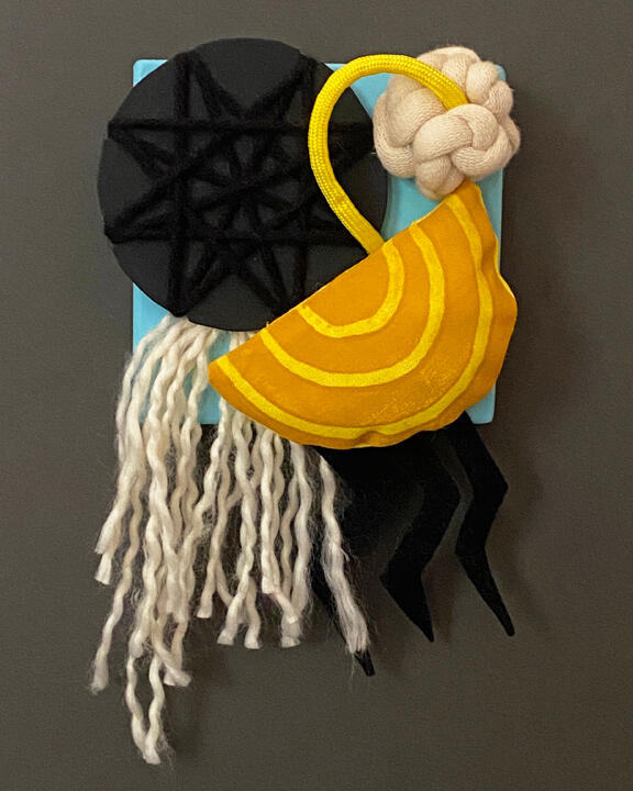 colorful fabric sculpture made from fabric, wood, and rope titles, Mini Sculpture #54, by Tamara Bagnell